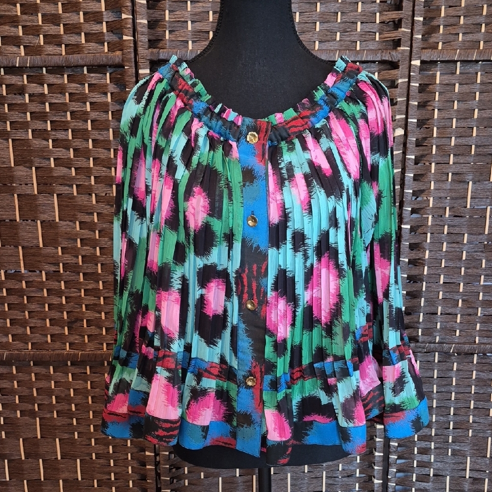 Kenzo Vibrant Pleated Blouse in Pink, Green, and Blue